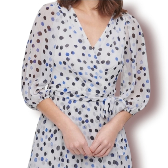 DKNY Polka Dot Lined Faux Wrap High-Low Midi Dress Womens Size 14 - Picture 3 of 13